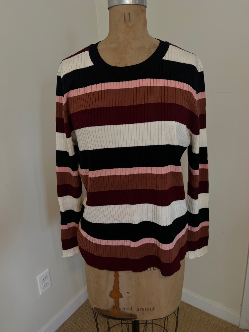 City Chic Striped Ribbed Knit Sweater in Black, White, Pink, Burgundy, Brown